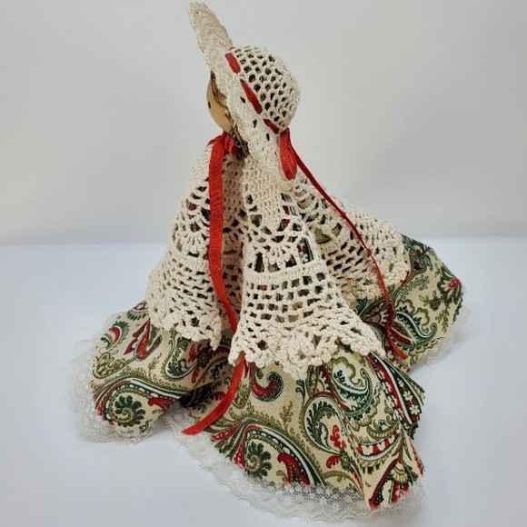 Handmade Wood and Crochet Doily Country Little Girl Doll - Picture 8 of 12